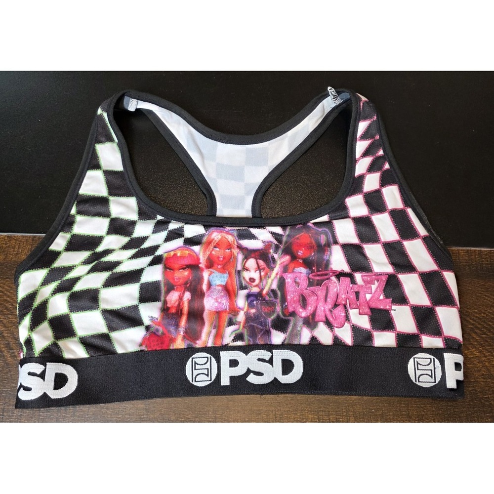 Bratz Dolls PSD Sports‎ Bra Crop Top Racerback Checkered Black White sz Large L